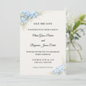 Luxe Stofblauwe Hortensia Save The Date (Staand voorkant)
