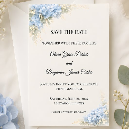 Luxe Stofblauwe Hortensia Save The Date