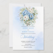 Luxe Stofblauwe Witte Pioen Huwelijksuitnodiging Kaart (Voorkant)