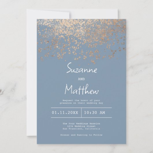 Luxe stoffige blauw roos gouden confetti bruiloft kaart (Voorkant)