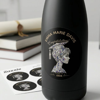 Luxe strass afstudeerhoed meisje zwart goud ronde sticker