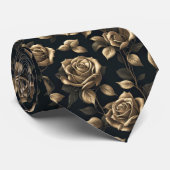 Luxe stropdas met gouden rozen op een zwarte achte (Opgerold)