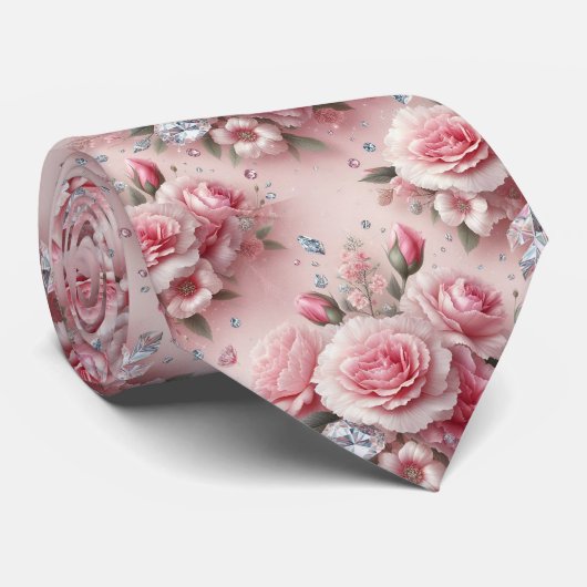 Luxe stropdas | Roze anjers & diamanten (Opgerold)