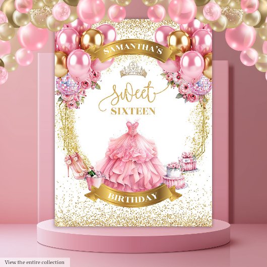 Luxe Sweet 16 Achtergrond Roze Gouden Ballonnen Sp Wandkleed