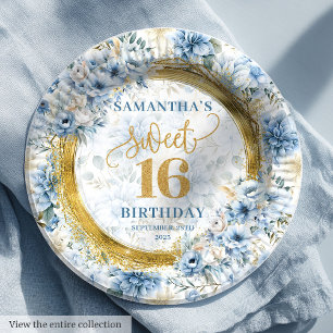 Luxe Sweet 16 Dusty Blue Gold Glitter Tafel Borden Papieren Bordje
