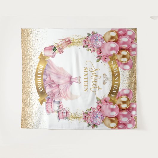 Luxe Sweet 16 Party Achtergrond Roze Gouden Glitte Wandkleed (Voorkant (horizontaal))