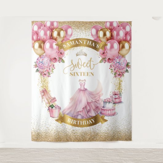 Luxe Sweet 16 Party Achtergrond Roze Gouden Glitte Wandkleed (Voorkant)