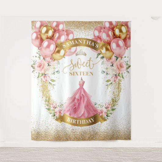 Luxe Sweet Sixteen Achtergrond Blush Rozen Glitter Wandkleed (Voorkant)