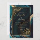Luxe Teal Agate Gouden Frame QR Code Bruiloft Kaart (Voorkant)