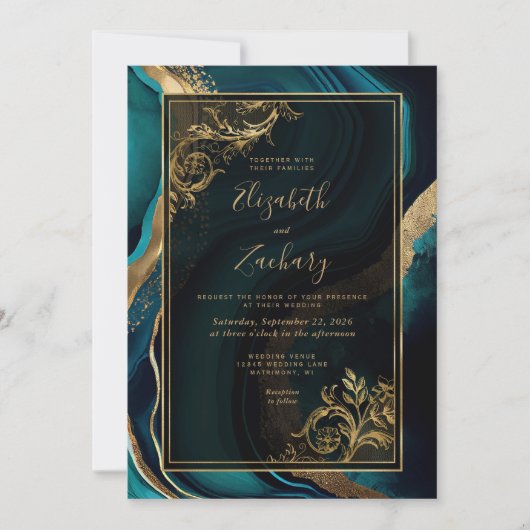 Luxe Teal Agate Gouden Frame QR Code Bruiloft Kaart (Voorkant)