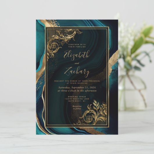 Luxe Teal Agate Gouden Frame QR Code Bruiloft Kaart (Staand voorkant)