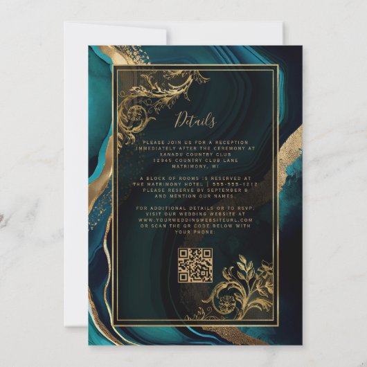 Luxe Teal Agate Gouden Frame QR Code Bruiloft Kaart (Achterkant)