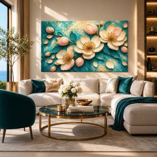 Luxe Teal Bloemschildering met Gouden Accenten Canvas Afdruk