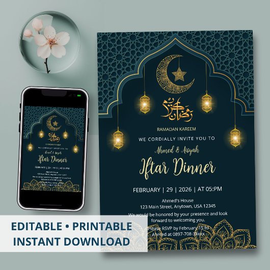 Luxe Teal en Goud Mandala Iftar Uitnodiging