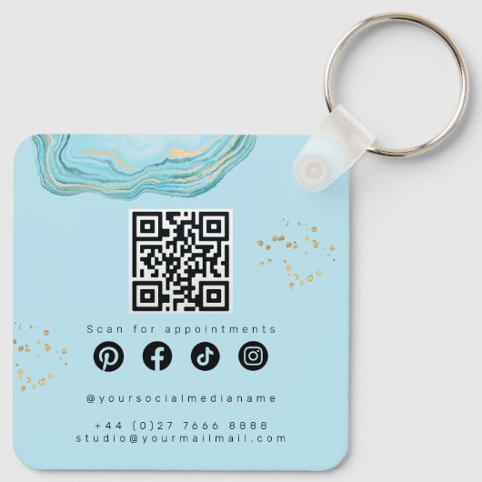 Luxe Teal Goud Marmer Wimper Extensie Qr Code Sleutelhanger (Achterkant)