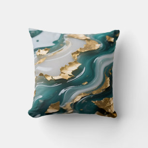 Luxe Teal Gouden Blad Vloeiende Marmer Kussen