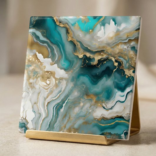 Luxe Teal Turquoise & Gold Agate Marble Fluid Art Tegeltje