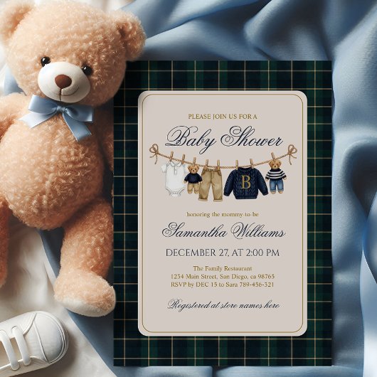 Luxe teddybeer geruite babyshower  kaart