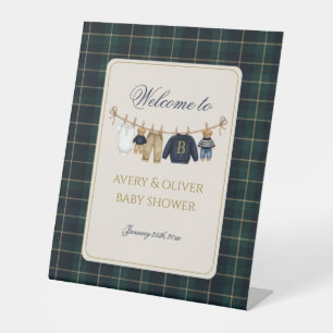 Luxe teddybeer geruite babyshower reclamebord met voetstuk