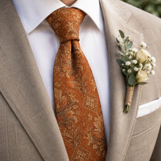 Luxe Terracotta Roest Barok Damast Bloem Stropdas