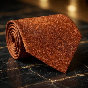 Luxe Terracotta Verbrand Oranje Barok Bloemmotief Stropdas
