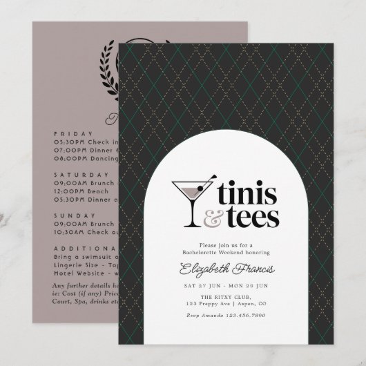 Luxe Tinis & Tees Golf Bachelorette Weekend Kaart (Voorkant / Achterkant)
