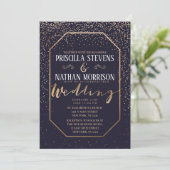 Luxe Trendy Gold Confetti Navy Blue Wedding Kaart (Staand voorkant)