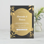 Luxe Tropische Goud & Zwart Huwelijksuitnodiging Kaart (Staand voorkant)