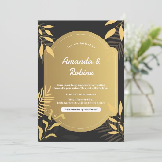 Luxe Tropische Goud & Zwart Huwelijksuitnodiging Kaart (Staand voorkant)
