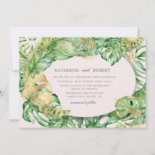 Luxe tropische gouden bladeren bruiloft kaart (Voorkant)