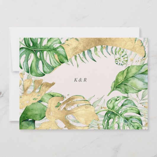 Luxe tropische gouden bladeren bruiloft kaart (Achterkant)