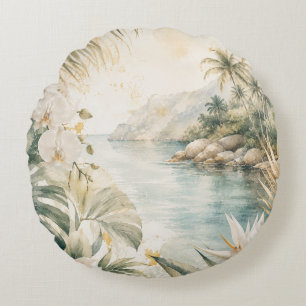 Luxe Tropische Kust Waterverf Kunst aan de Muur Rond Kussen