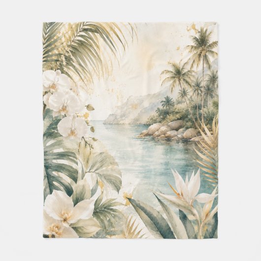 Luxe Tropische Kust Waterverf Kunst | Fleece Deken (Voorkant)