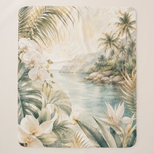 Luxe Tropische Kust Waterverf Kunst | Sherpa Deken (Voorkant)