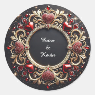 Luxe Trouw Gouden Frame Met Rode Harten Ronde Sticker