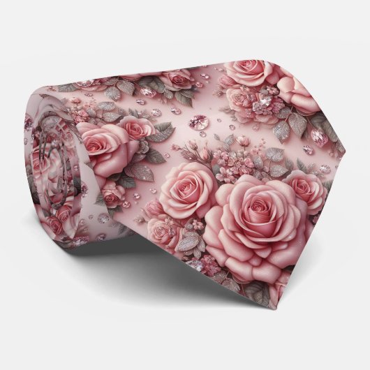 Luxe Trouw Halsdas | Roze Rozen & Diamanten Stropdas (Opgerold)