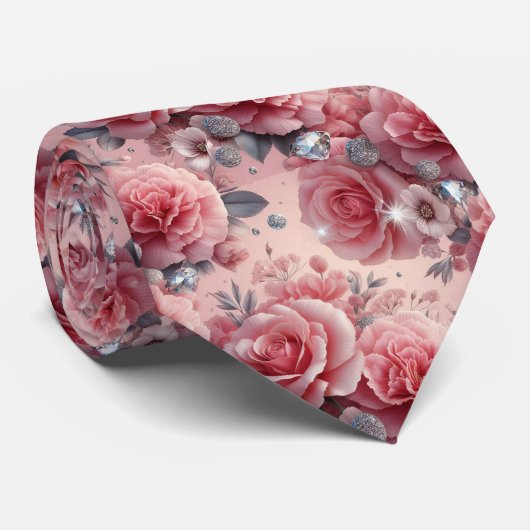 Luxe Trouw Halsdas | Roze Rozen & Diamanten Stropdas (Opgerold)