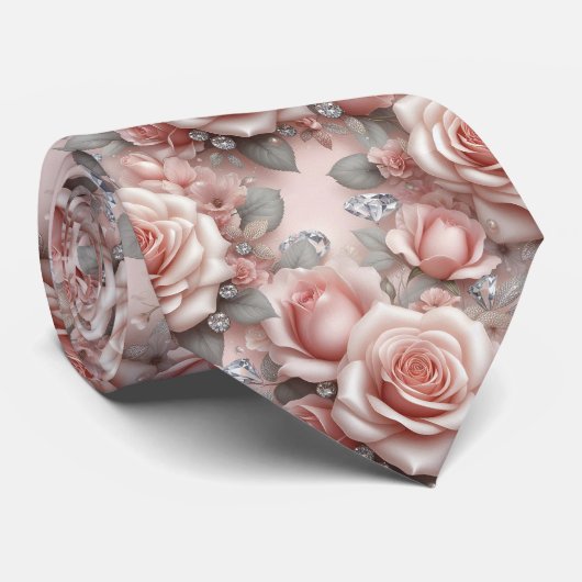 Luxe Trouw Halsdas | Roze Rozen & Diamanten Stropdas (Opgerold)
