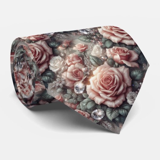 Luxe Trouw Halsdas | Roze Rozen & Diamanten Stropdas (Opgerold)