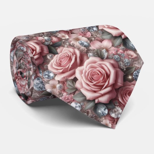 Luxe Trouw Halsdas | Roze Rozen & Diamanten Stropdas (Opgerold)