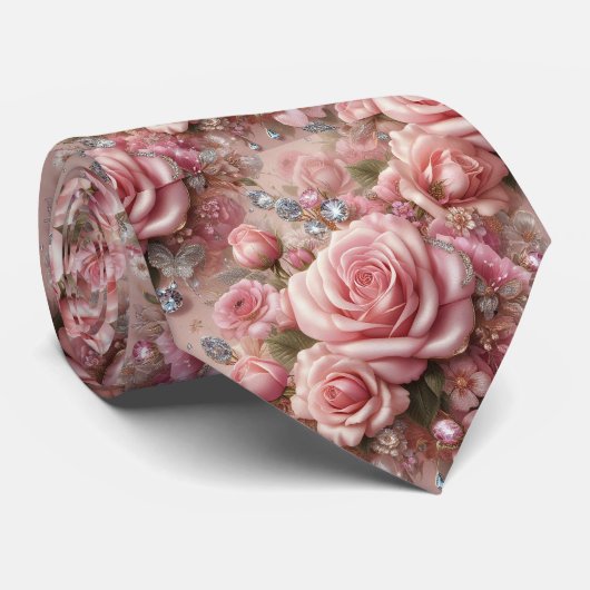 Luxe Trouw Halsdas | Roze Rozen & Diamanten Stropdas (Opgerold)