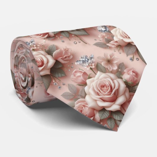 Luxe Trouw Halsdas | Roze Rozen & Diamanten Stropdas (Opgerold)