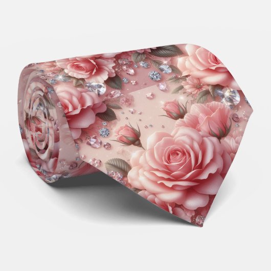 Luxe Trouw Halsdas | Roze Rozen & Diamanten Stropdas (Opgerold)