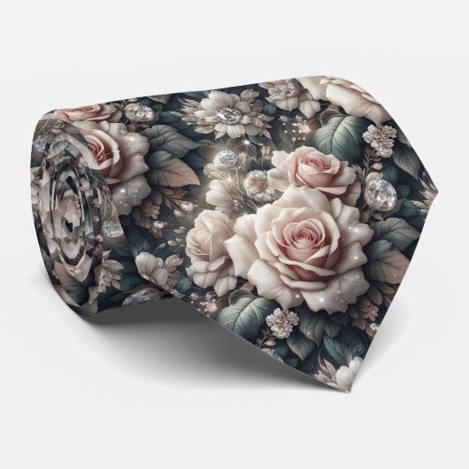 Luxe Trouw Halsdas | Roze Rozen & Diamanten Stropdas (Opgerold)