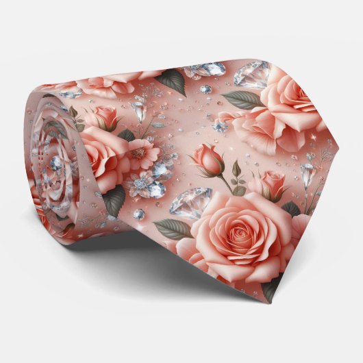 Luxe Trouw Halsdas | Roze Rozen & Diamanten Stropdas (Opgerold)