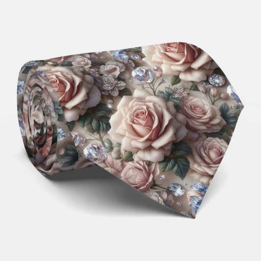 Luxe Trouw Halsdas | Roze Rozen & Diamanten Stropdas (Opgerold)