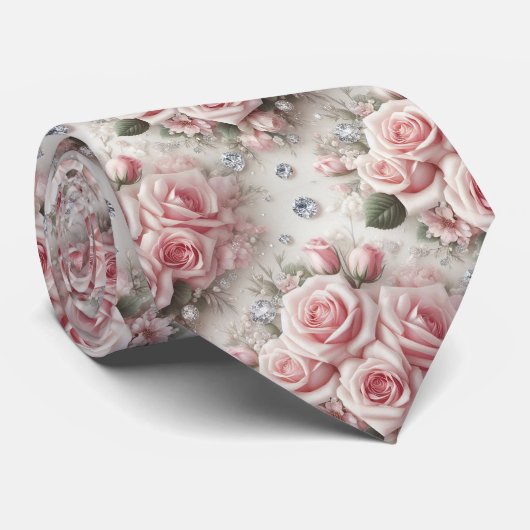 Luxe Trouw Halsdas | Roze Rozen & Diamanten Stropdas (Opgerold)