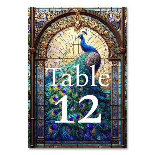 Luxe Trouwen: Pauw Tafel Nummers Kaart (Voorkant)