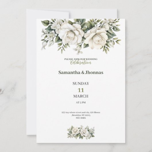 Luxe trouwuitnodiging met gouden witte rozen kaart (Voorkant)