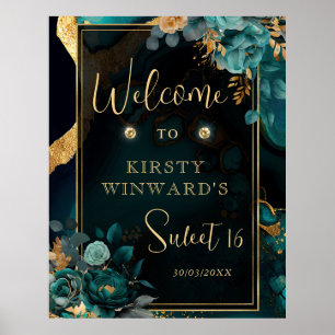 Luxe turkoois en gouden bloem Agate Sweet 16 Welko Poster